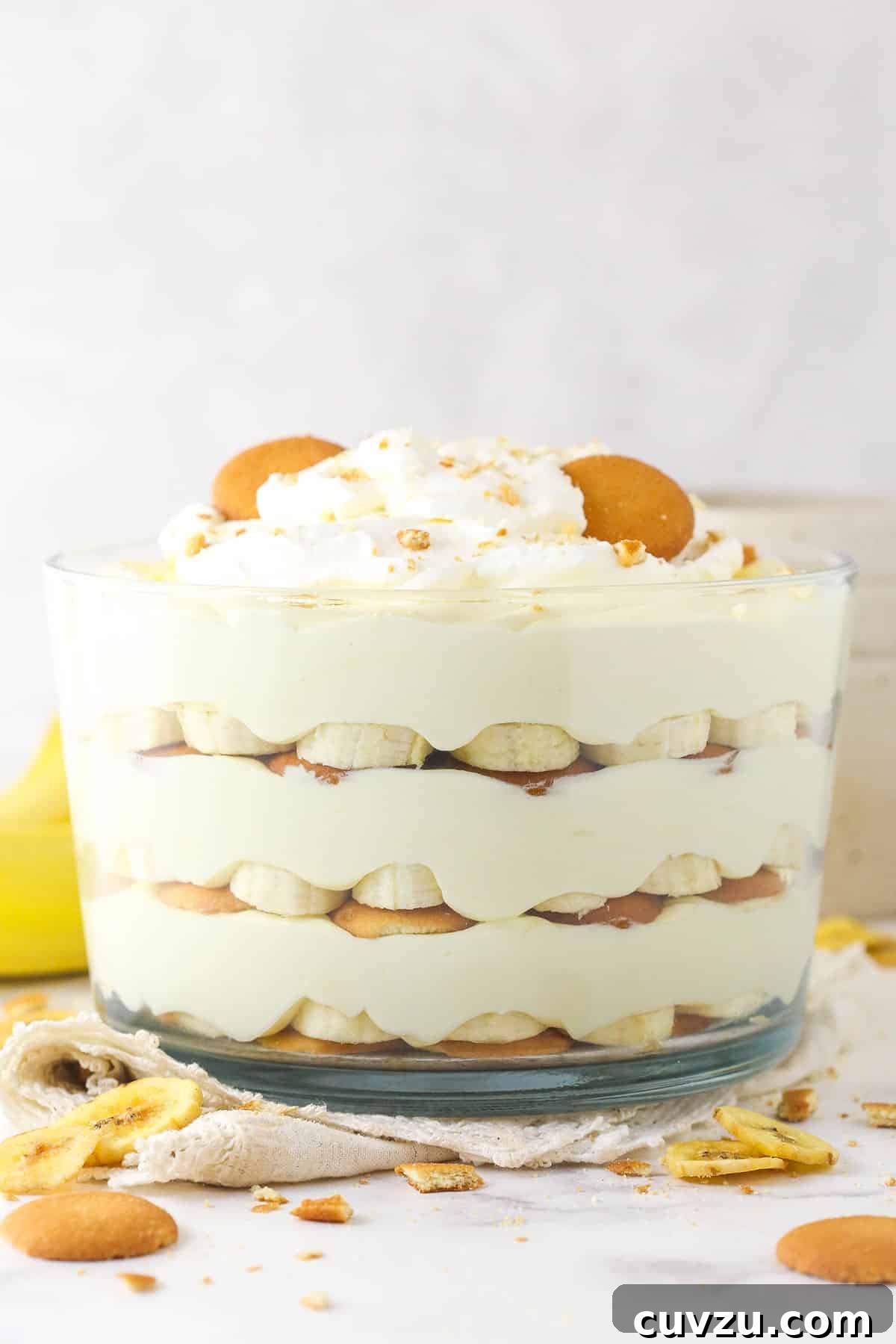 Side view of copycat Magnolia Bakery banana pudding in a trifle dish Side view of banana pudding in a trifle dish