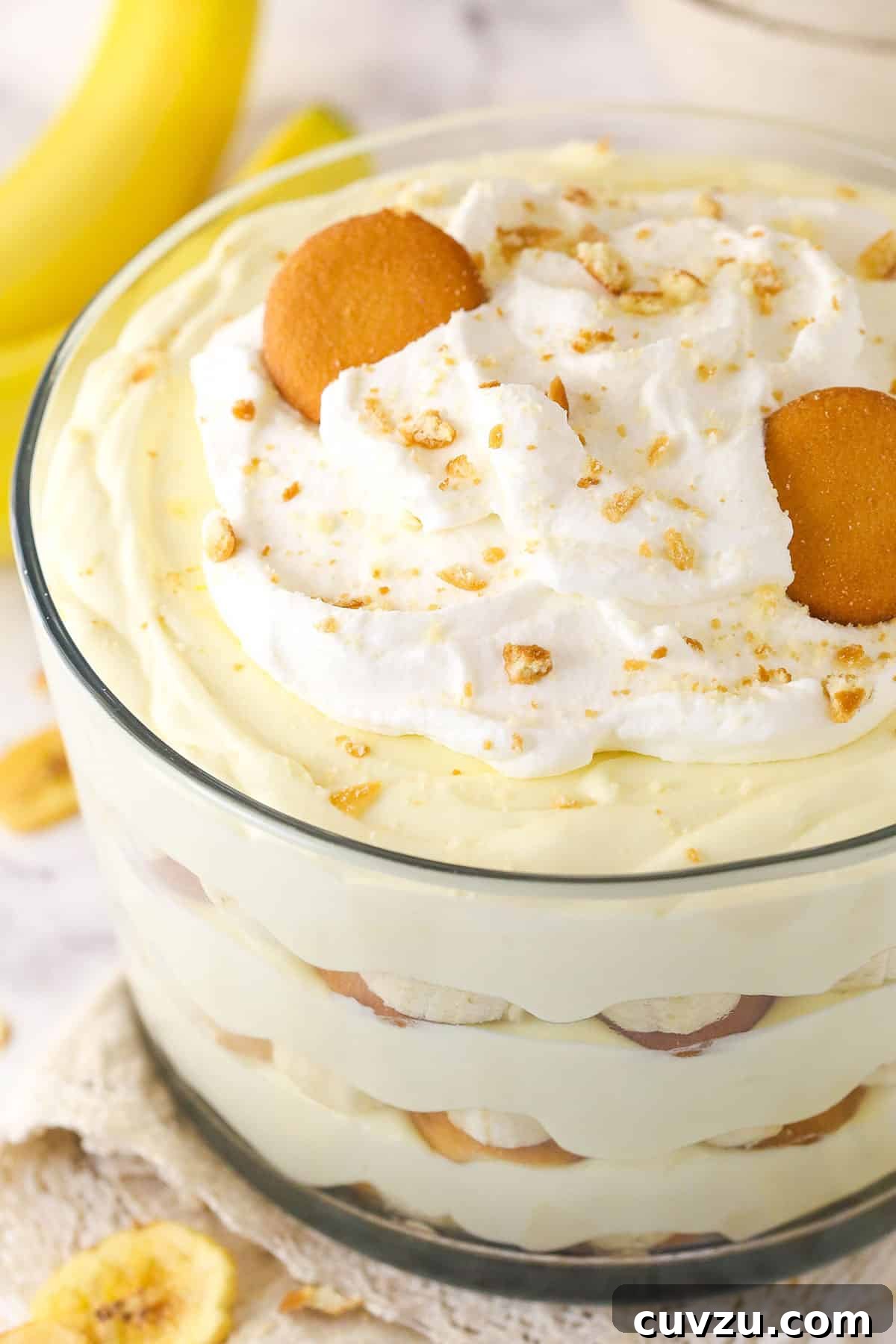 Overhead view of Magnolia Bakery banana pudding in a trifle dish Overhead view of Magnolia Bakery banana pudding