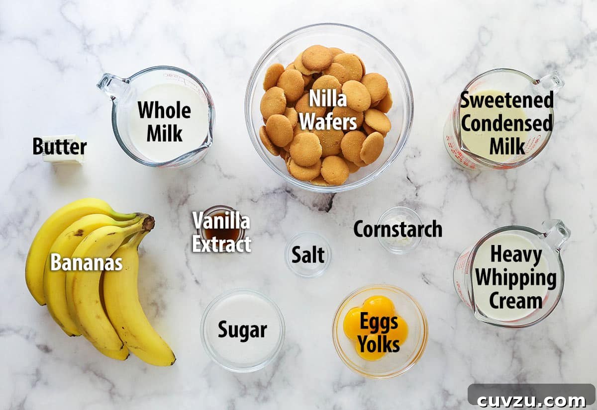 Ingredients needed to make Magnolia Bakery banana pudding from scratch Overhead view of ingredients