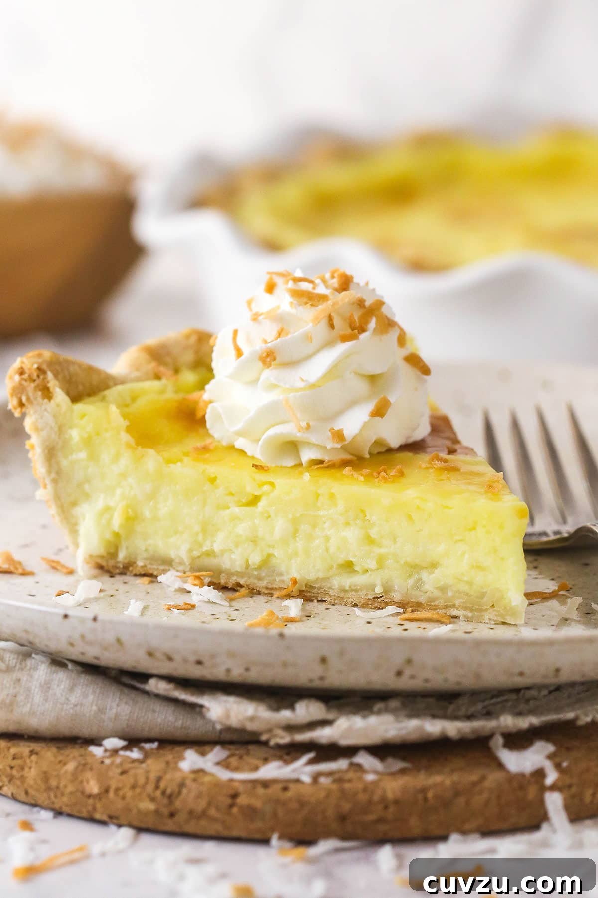 With a thick, creamy custard in a flaky, buttery pie crust, this coconut custard pie delivers just the right amount of coconut flavor. A slice of coconut custard pie on a white plate