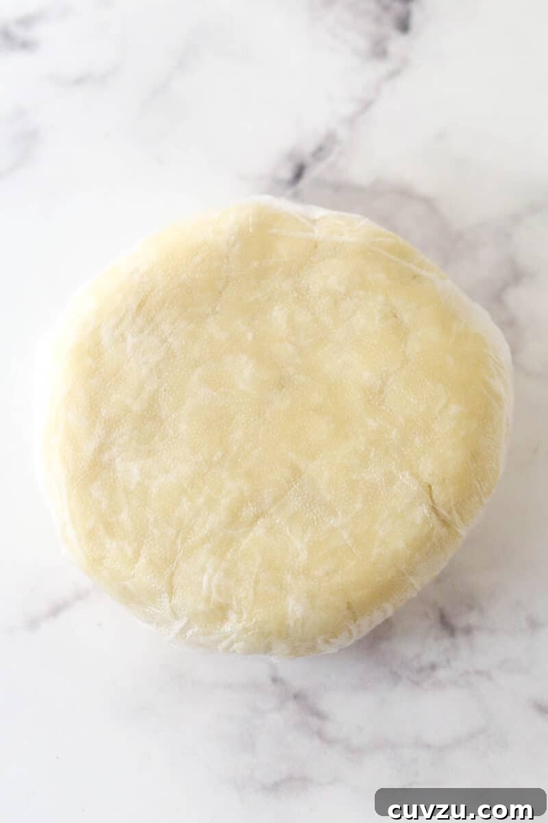 Pie crust disc wrapped and chilled. A disc of pie crust wrapped in plastic wrap